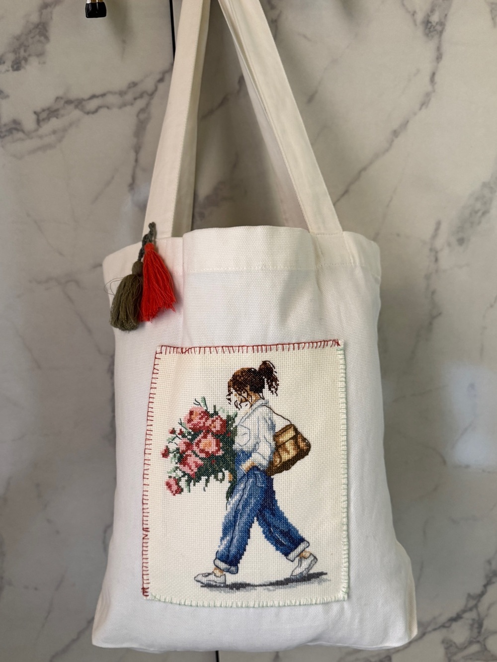 Cross stitched Girl with Peonies Canvas Tote — White, Blue, Pink - Picture 1 of 4